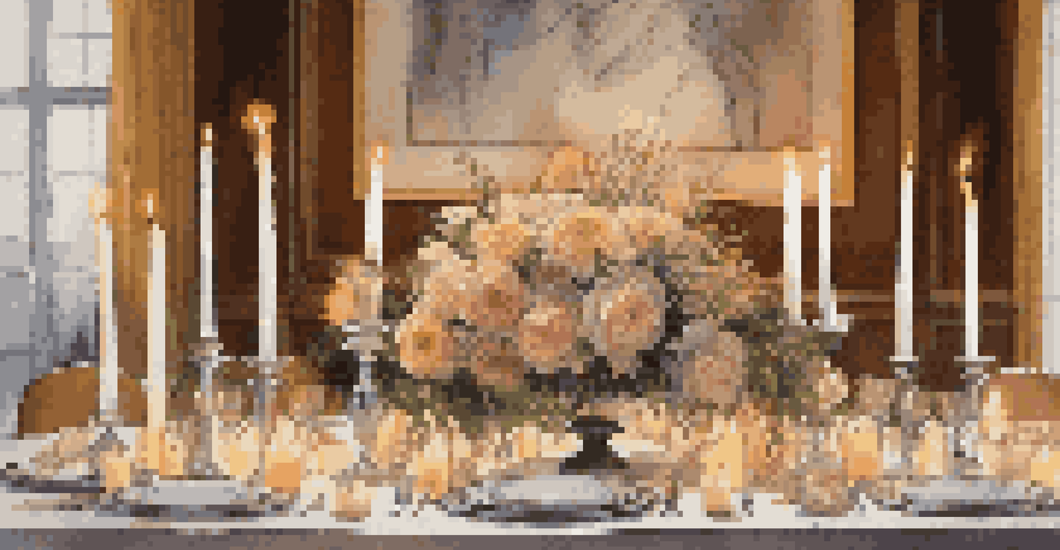 A close-up of a table centerpiece with a sculpture, candles, and flowers in a banquet hall.