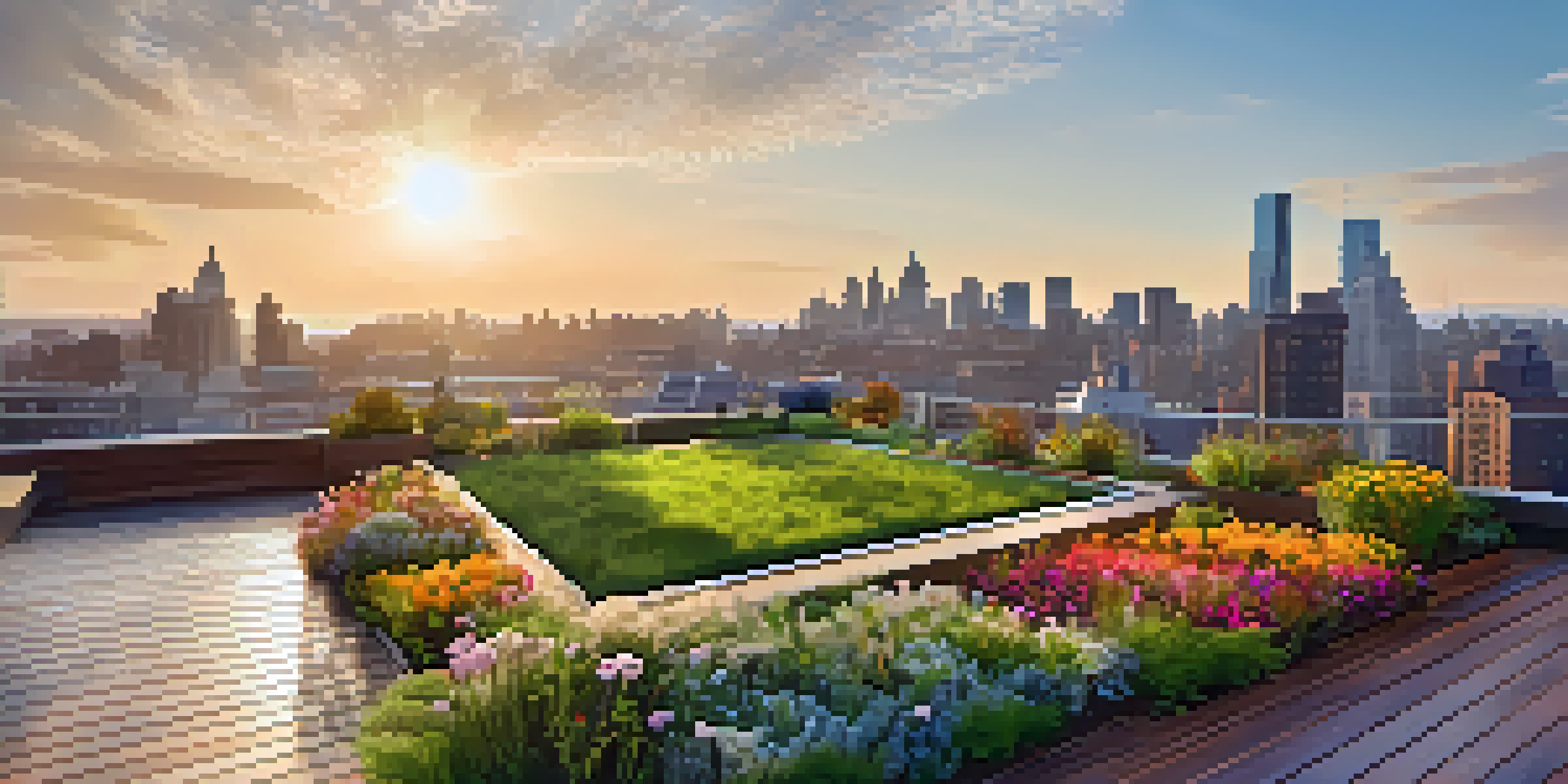 A colorful green roof garden on a luxury home with flowers and seating areas, against a city skyline.
