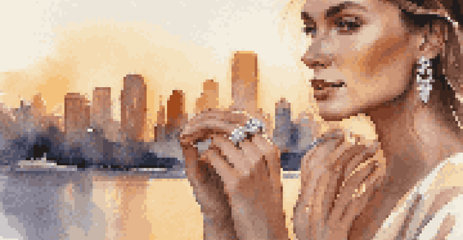 A model showcasing a diamond engagement ring against a sunset cityscape, capturing the sparkle of the ring and the joy on her face.
