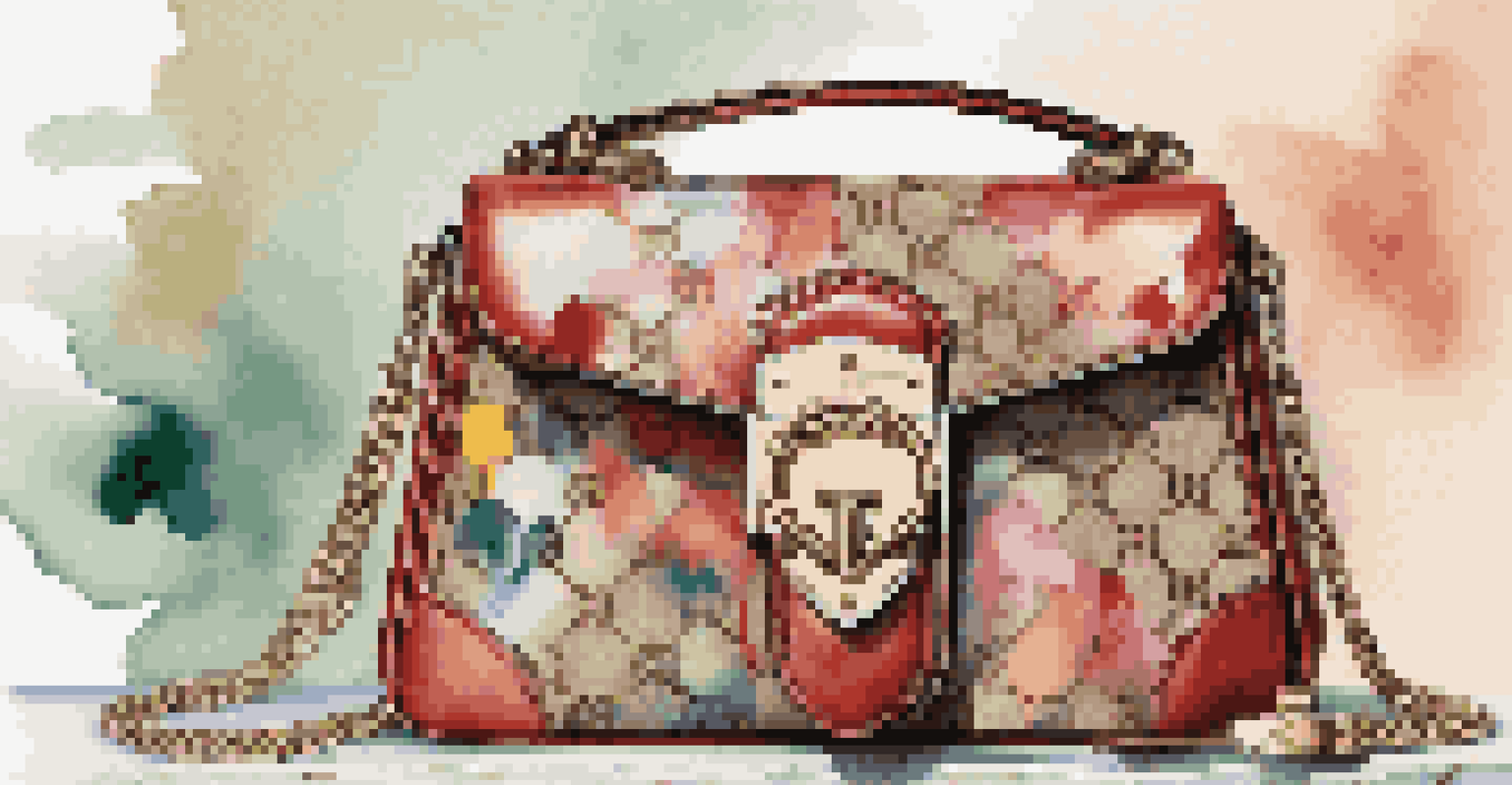 A Gucci handbag decorated with fine art motifs, resting on a marble surface with paintbrushes and a palette.