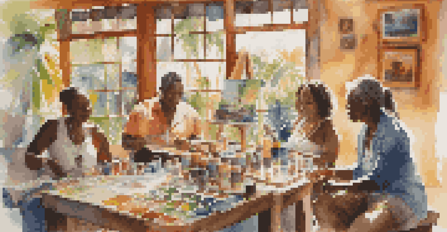 An artisan teaching a small group in a colorful Caribbean art studio filled with vibrant artworks.