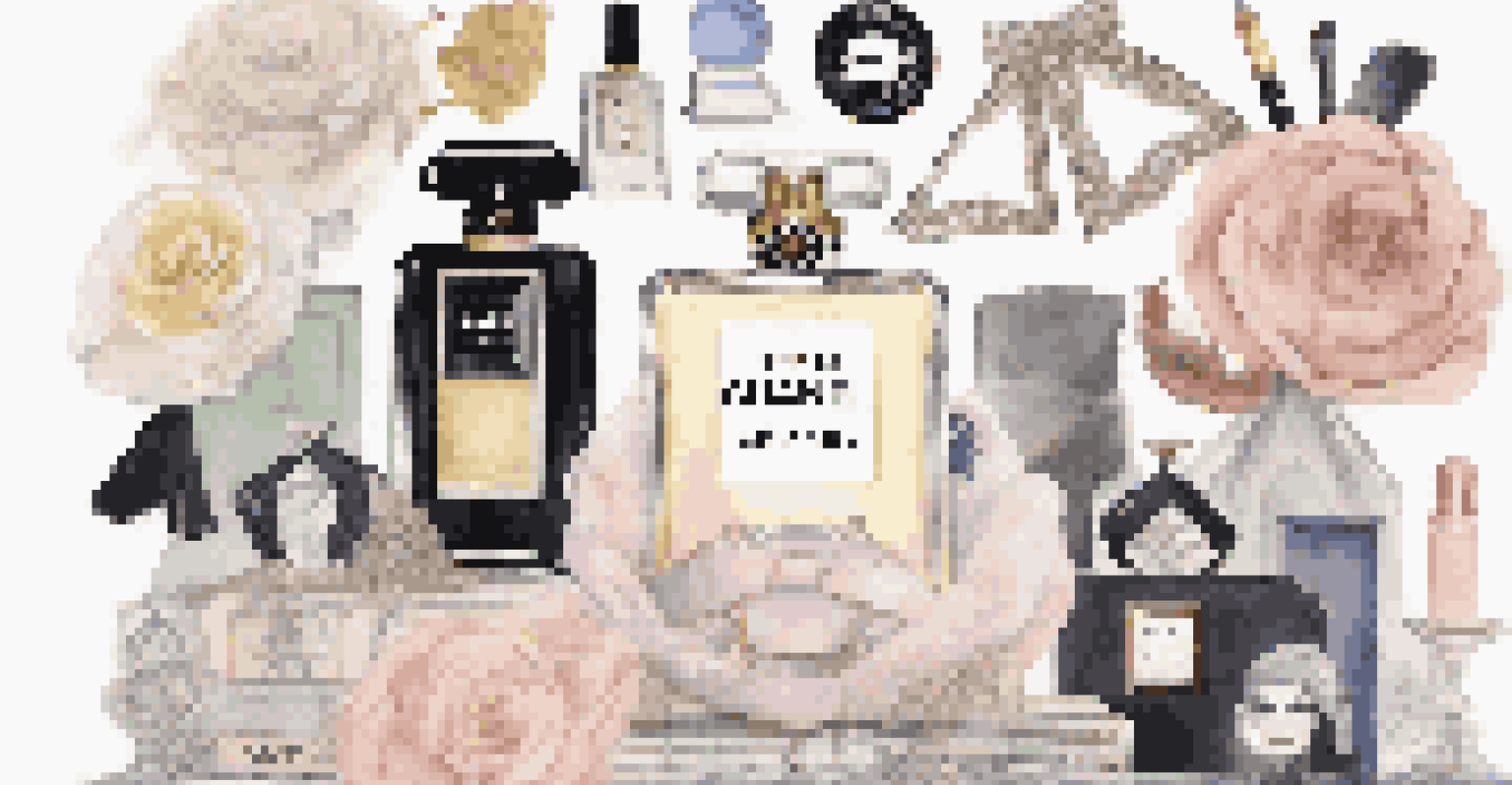 Coco Chanel's iconic fashion designs combined with symbols of women's empowerment, featuring a vintage suit and soft pastel colors.