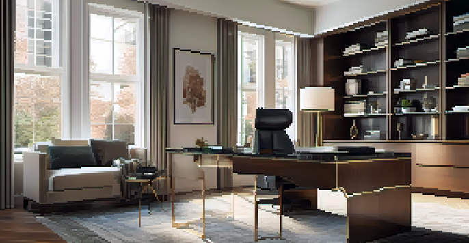 A beautifully designed home office with a walnut executive desk, ergonomic chair, and natural light from a large window, enhanced with plush rugs and elegant curtains.