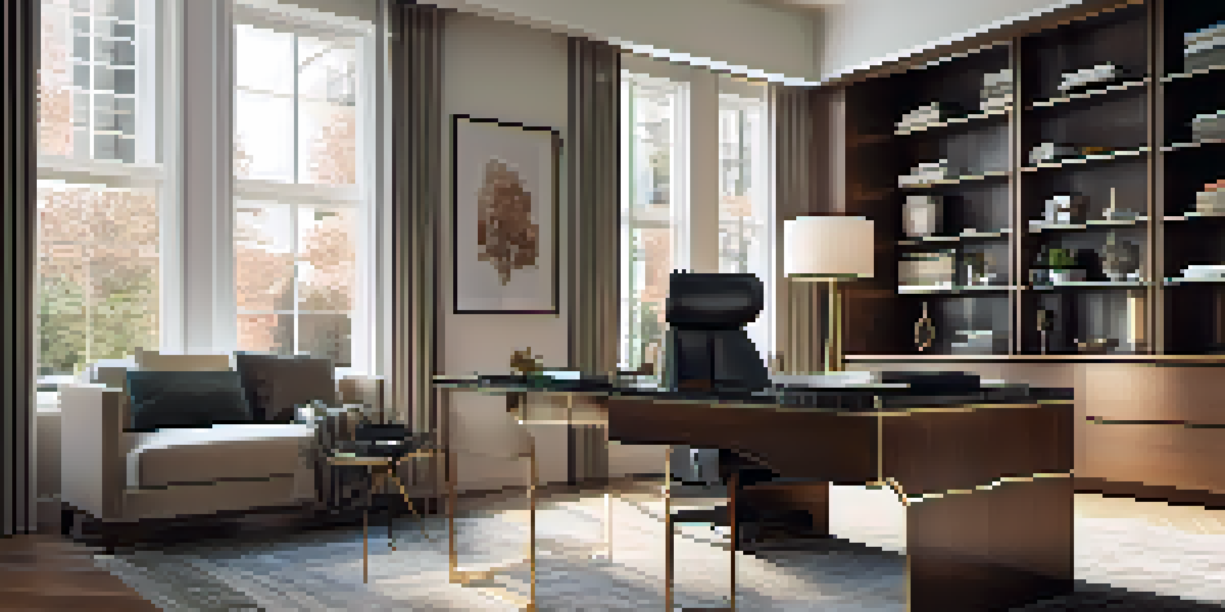 A beautifully designed home office with a walnut executive desk, ergonomic chair, and natural light from a large window, enhanced with plush rugs and elegant curtains.