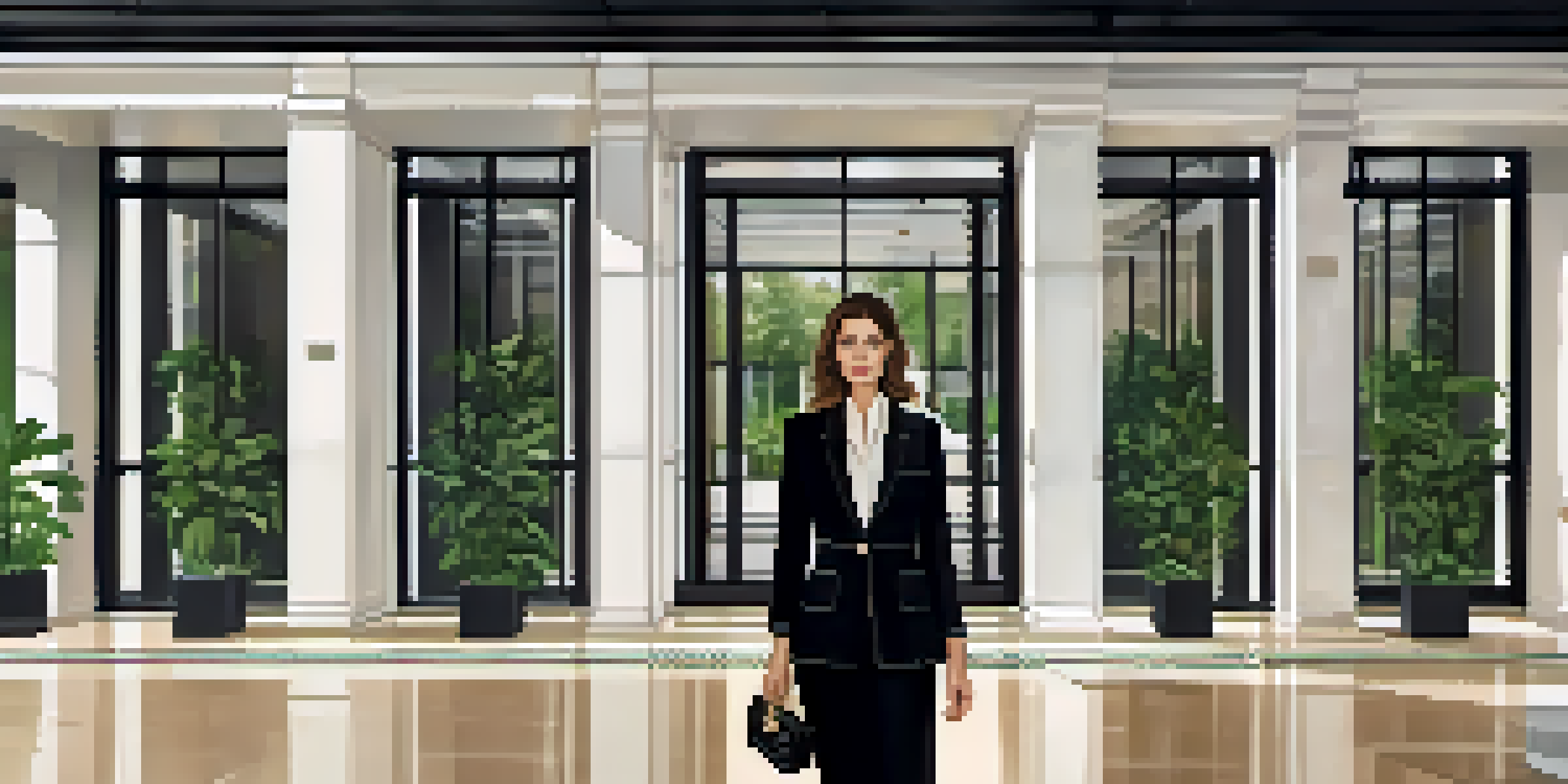 A confident woman in a black Chanel suit stands in a bright, elegant office, showcasing her stylish look with a quilted handbag.