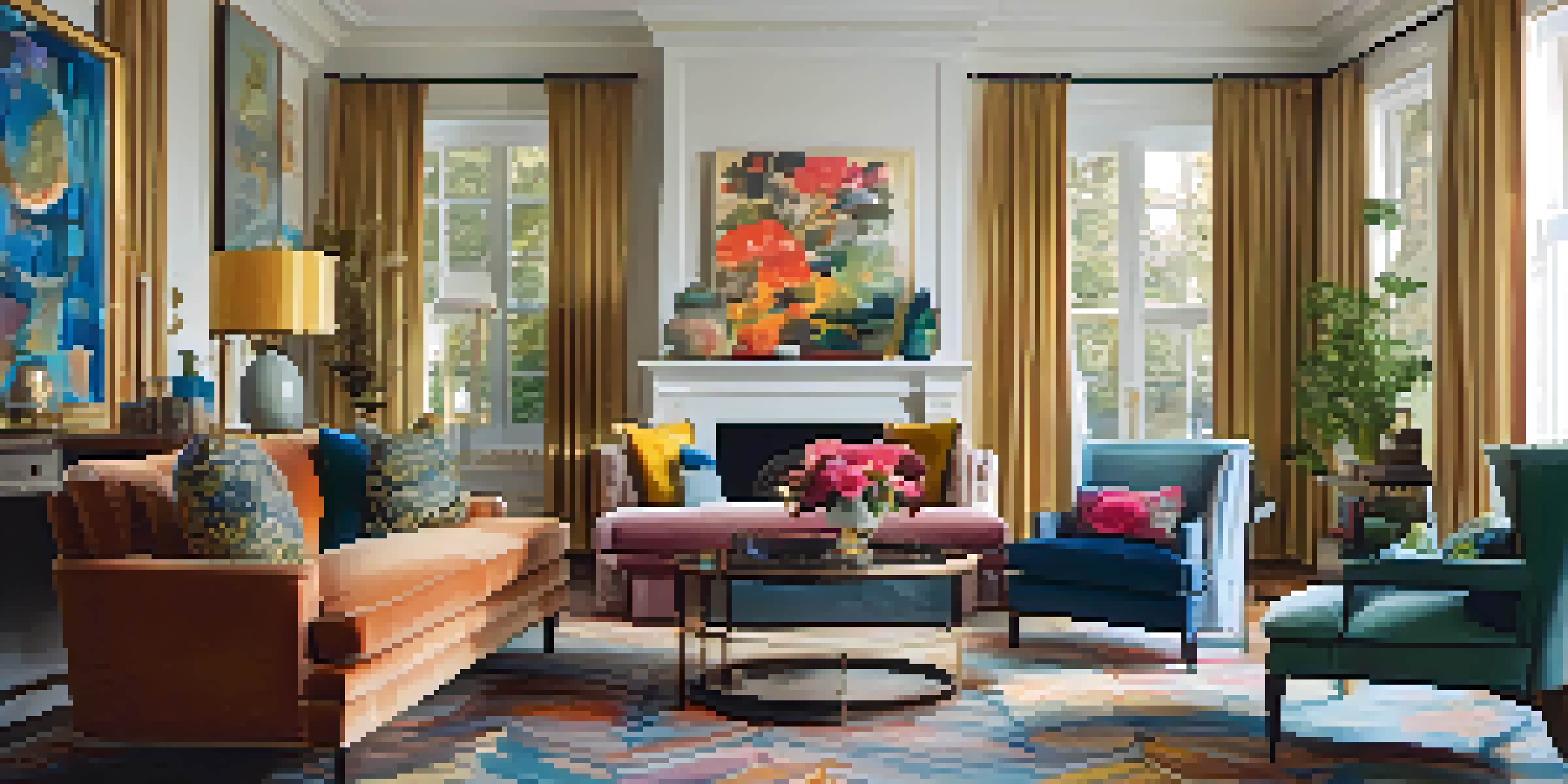 A luxurious living room with a velvet sofa and colorful cushions, filled with warm light and elegant decor.