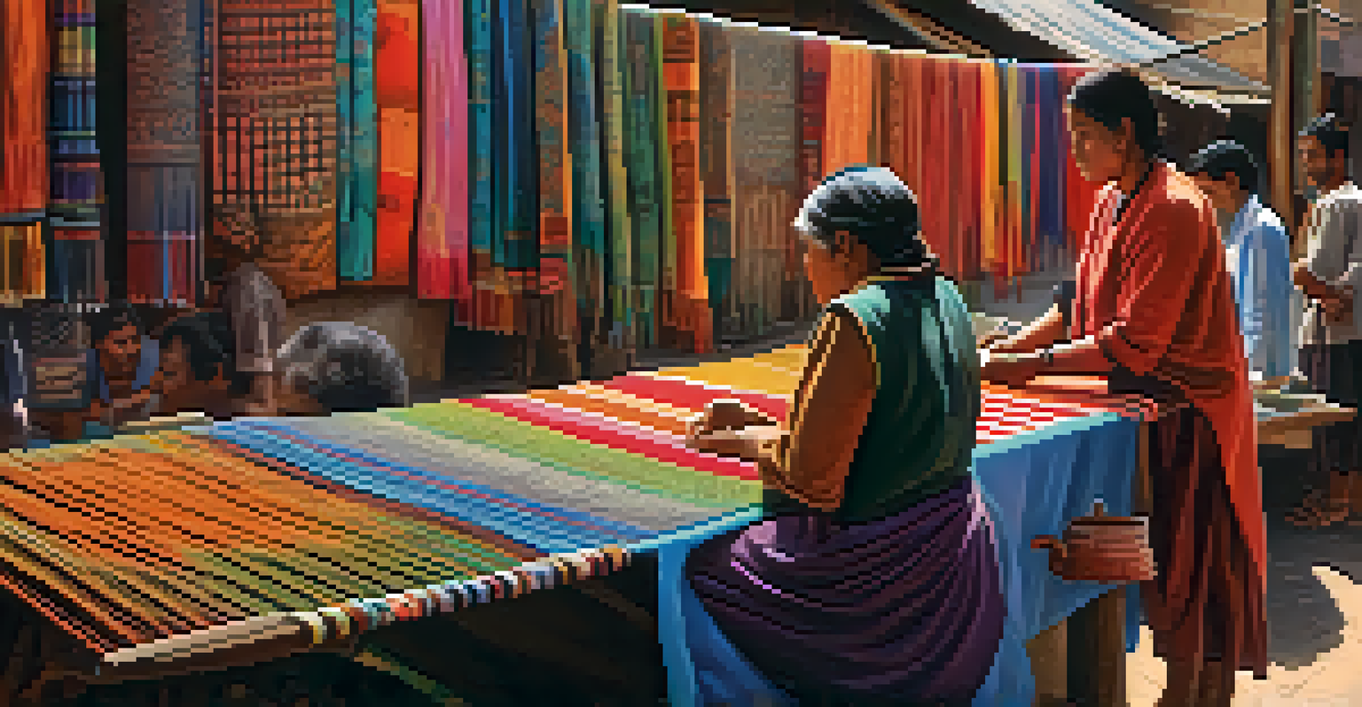 An artisan weaving textiles at a market stall, surrounded by colorful fabrics and interested visitors.