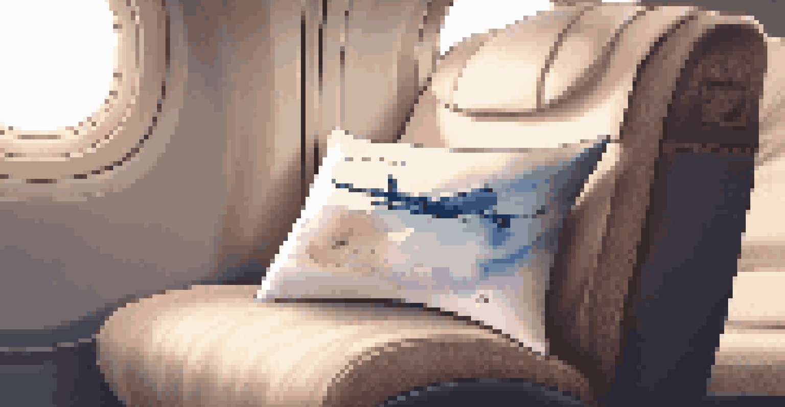 A stylish memory foam and silk travel pillow on a plush airplane seat with a cozy blanket and magazine.