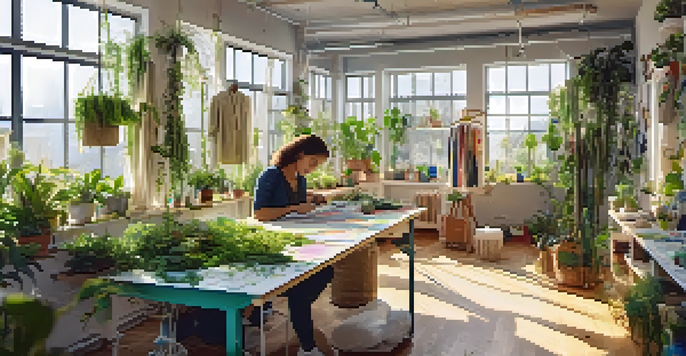 An eco-friendly fashion studio with a designer creating garments from recycled materials, surrounded by plants and natural light.