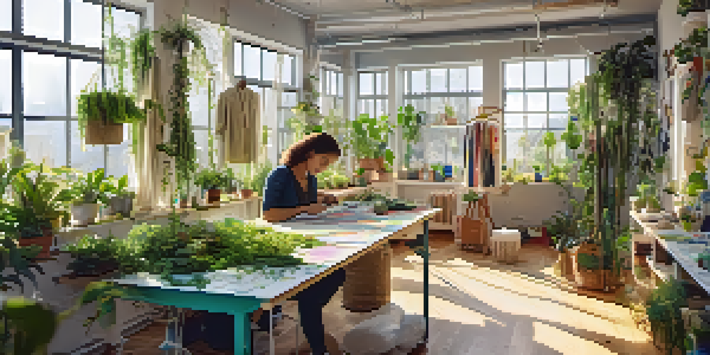 An eco-friendly fashion studio with a designer creating garments from recycled materials, surrounded by plants and natural light.