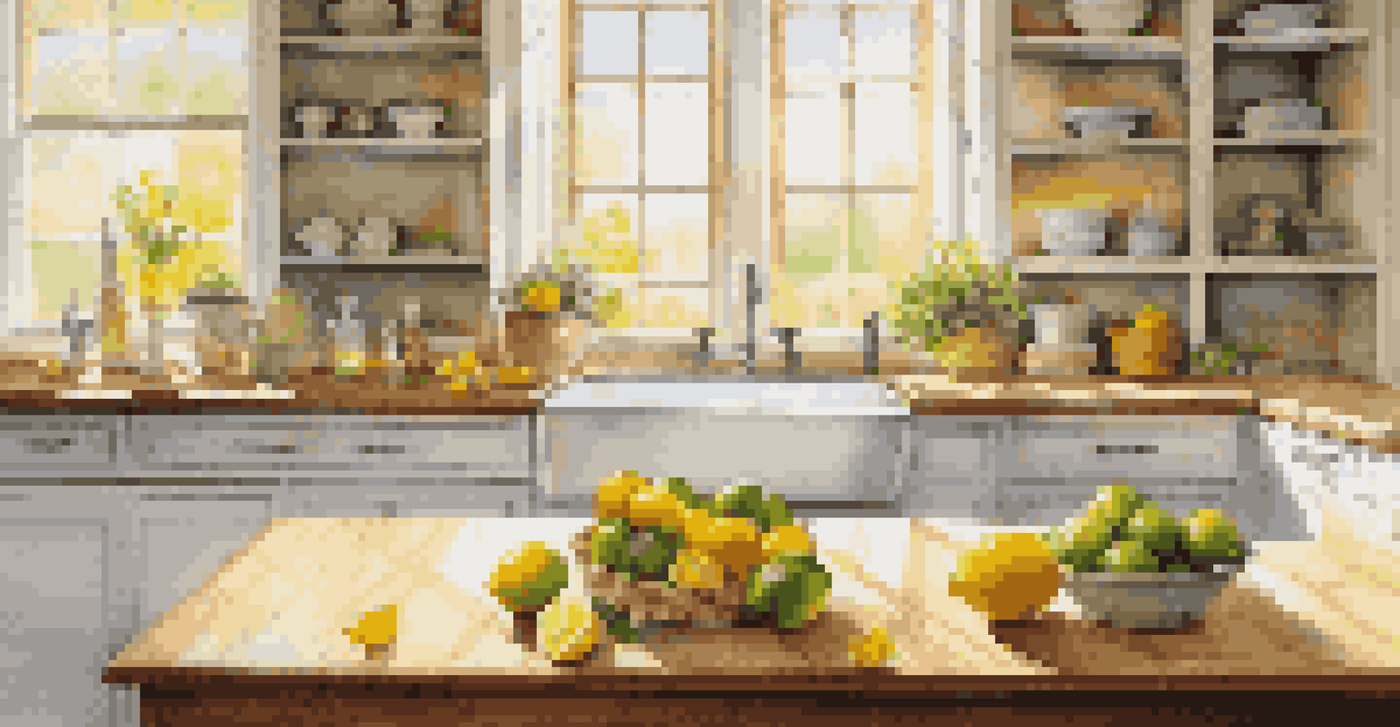 An elegant kitchen with essential oils and bright citrus fruits on a wooden countertop, illuminated by sunlight.