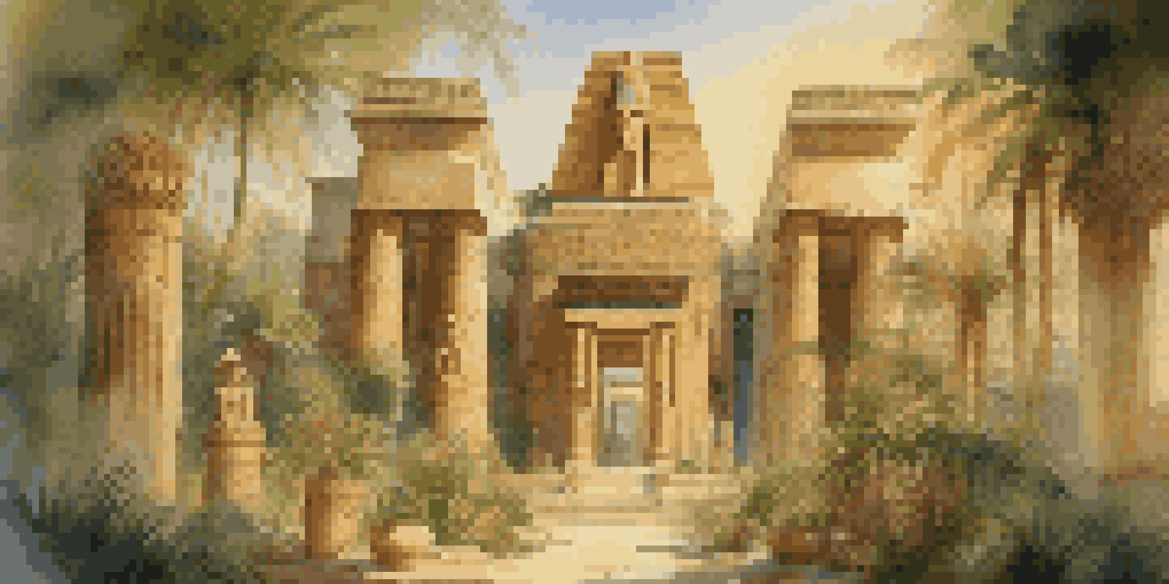 An ancient Egyptian temple with detailed carvings surrounded by greenery, with incense smoke rising in the warm golden light of sunset.