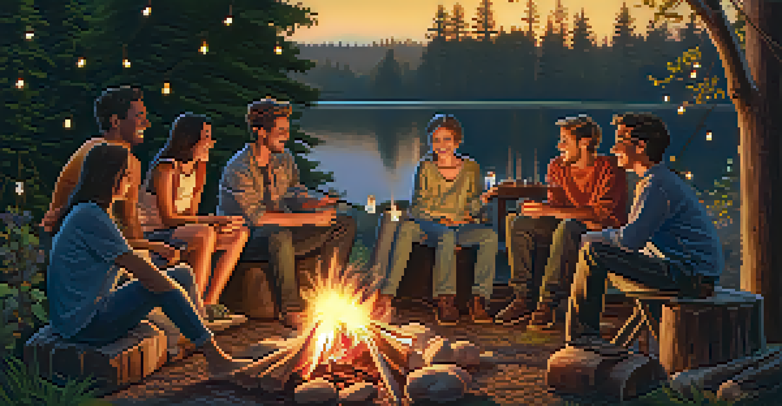 A warm campfire scene with friends roasting marshmallows and sharing stories at sunset.