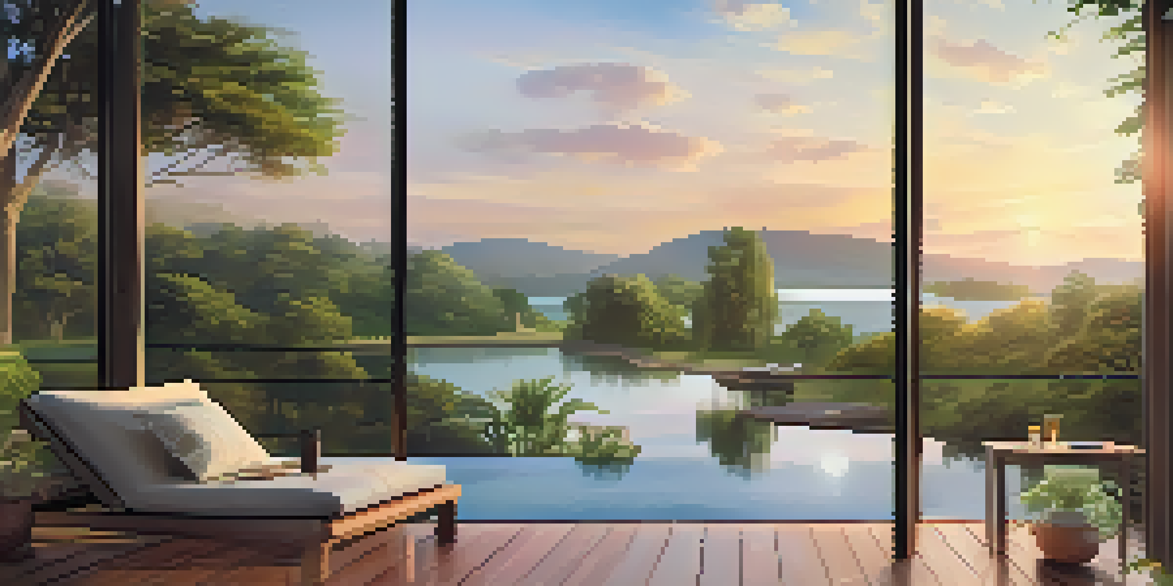 A peaceful luxury villa by a calm lake at sunrise, surrounded by trees and a wooden deck with lounge chairs.