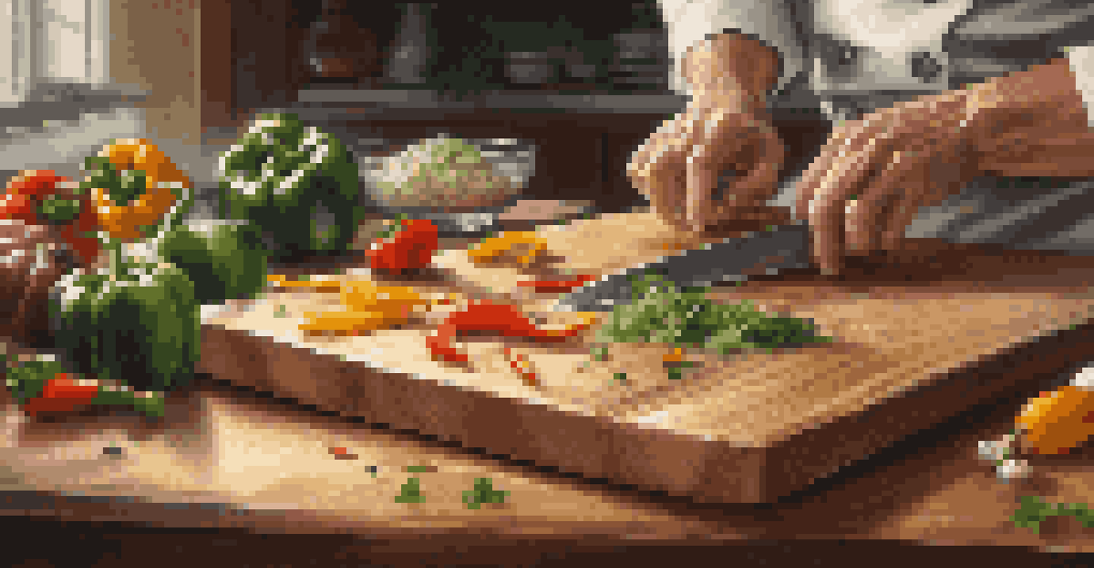 A chef's hands skillfully chopping fresh ingredients on a cutting board in a well-equipped kitchen.