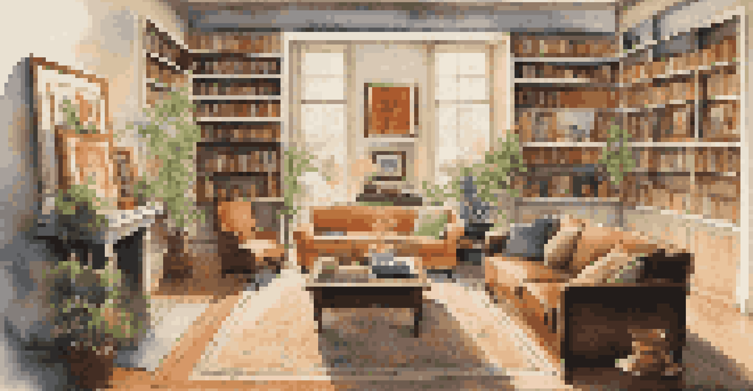 A cozy home gallery filled with artworks focused on social justice themes, warmly lit with natural light.