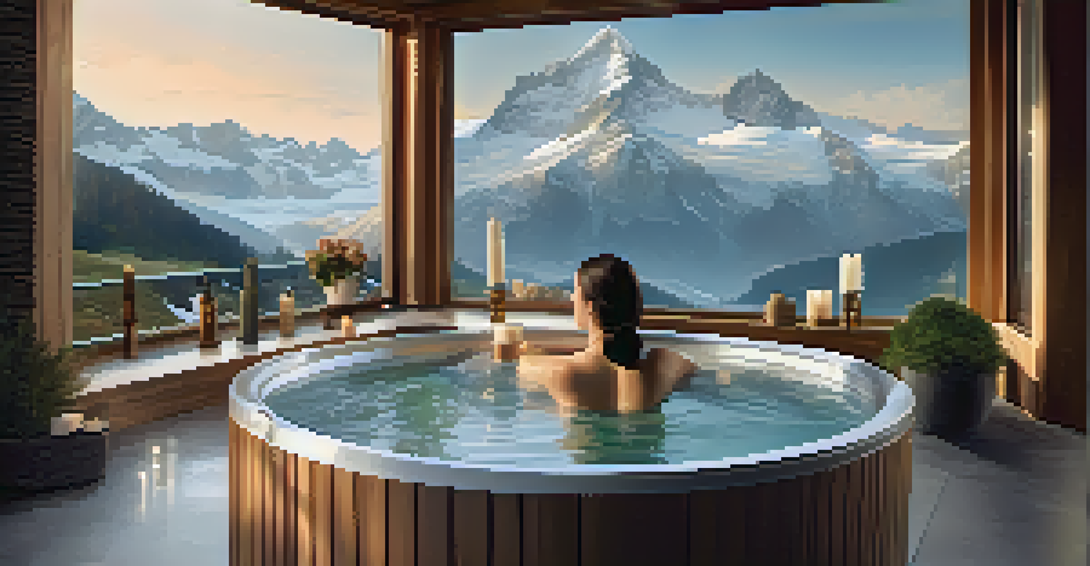A person relaxing in a hot tub with a view of the snow-capped Swiss Alps in a luxurious spa setting.