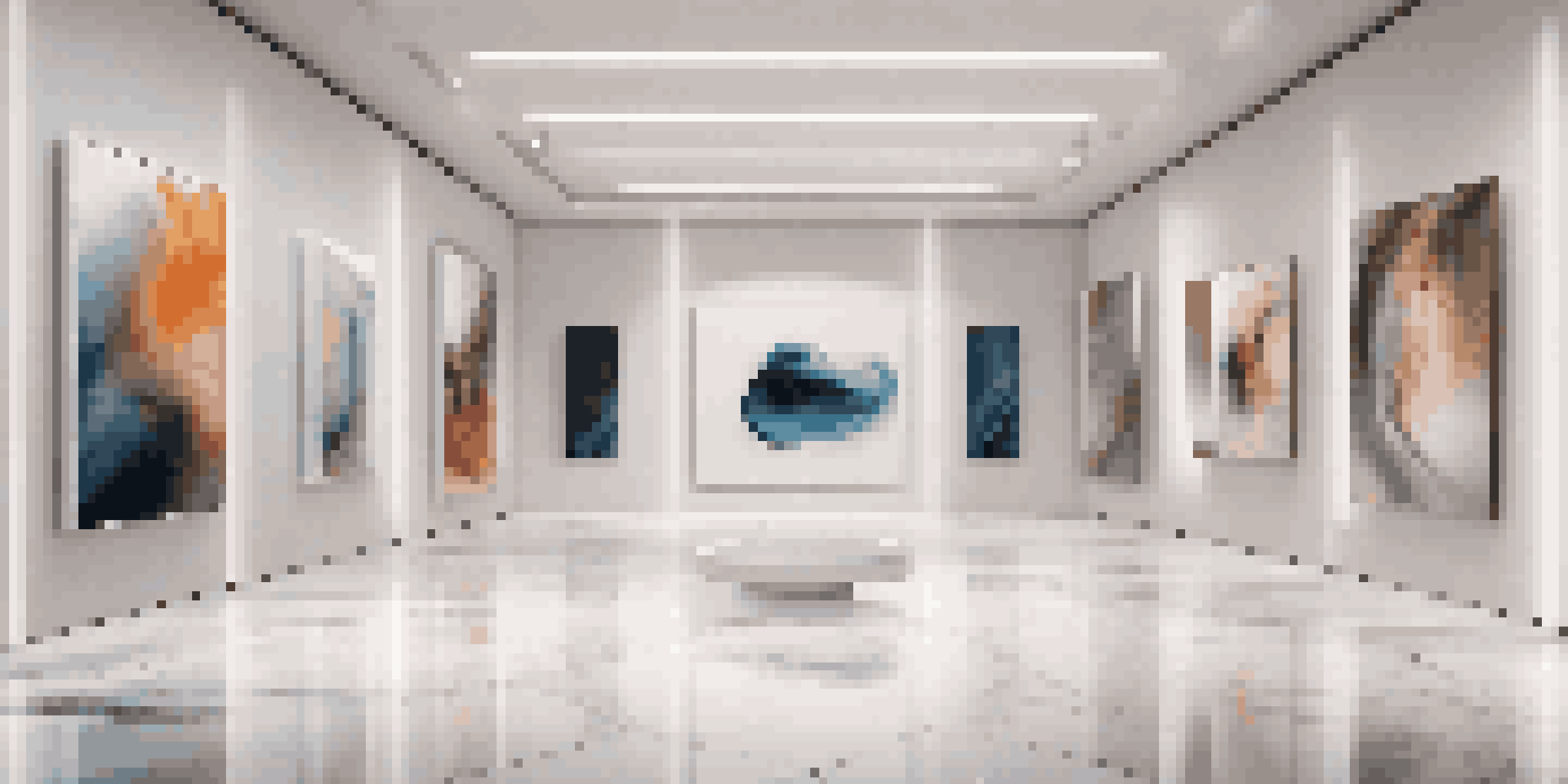 A modern art gallery featuring digital artworks, well-lit and elegantly designed with polished floors and high ceilings.
