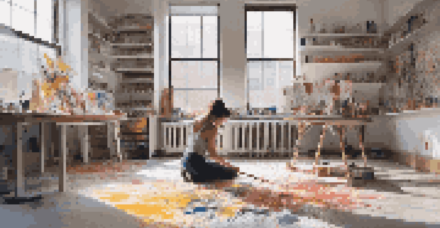 A young female artist working on a contemporary painting in a bright Brooklyn studio, surrounded by art supplies and colorful paint splatters.