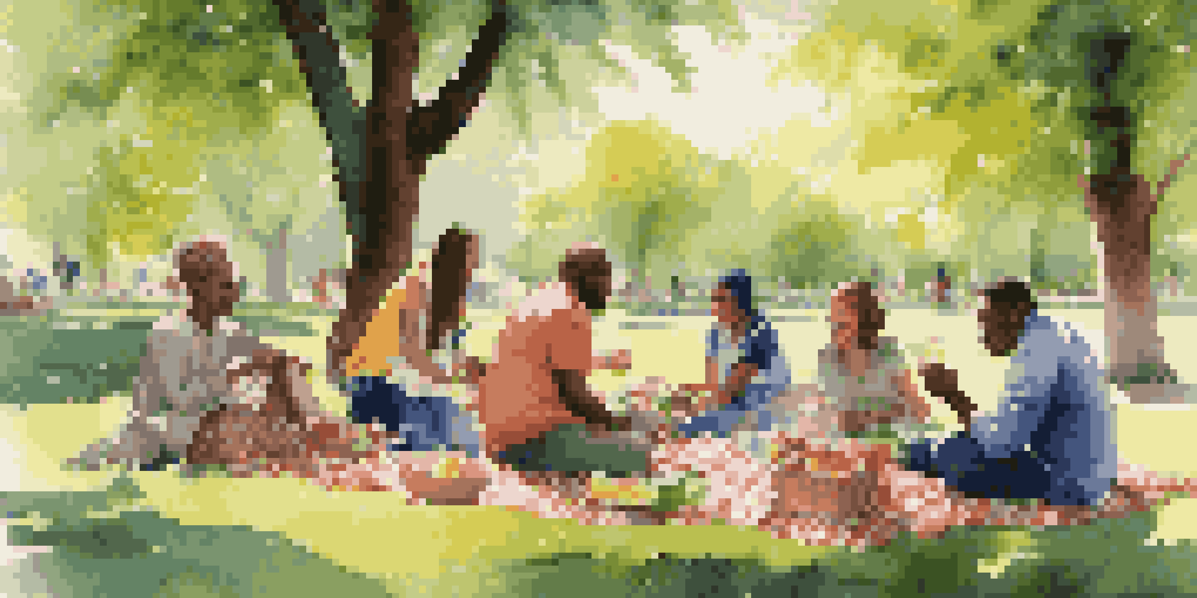 A group of diverse people having a picnic in a green park, with colorful blankets and food, under sunlight filtering through trees.