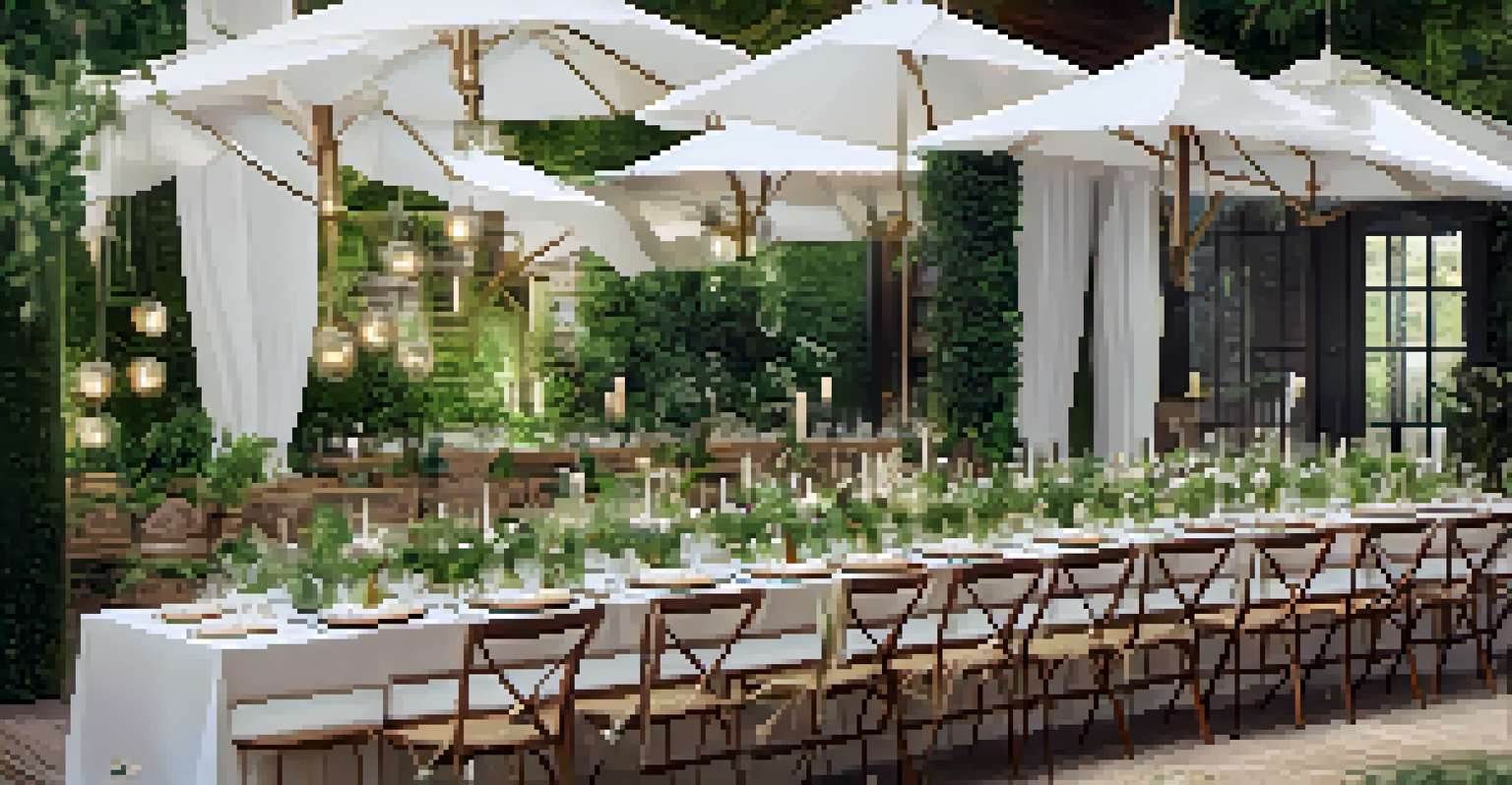 A dining table set for a sustainable luxury event with eco-friendly materials and locally-sourced foods, surrounded by greenery.