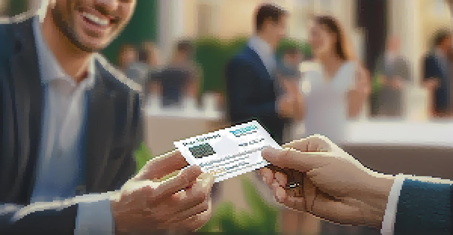 Two people exchanging business cards at a networking event, focusing on their hands and the cards.
