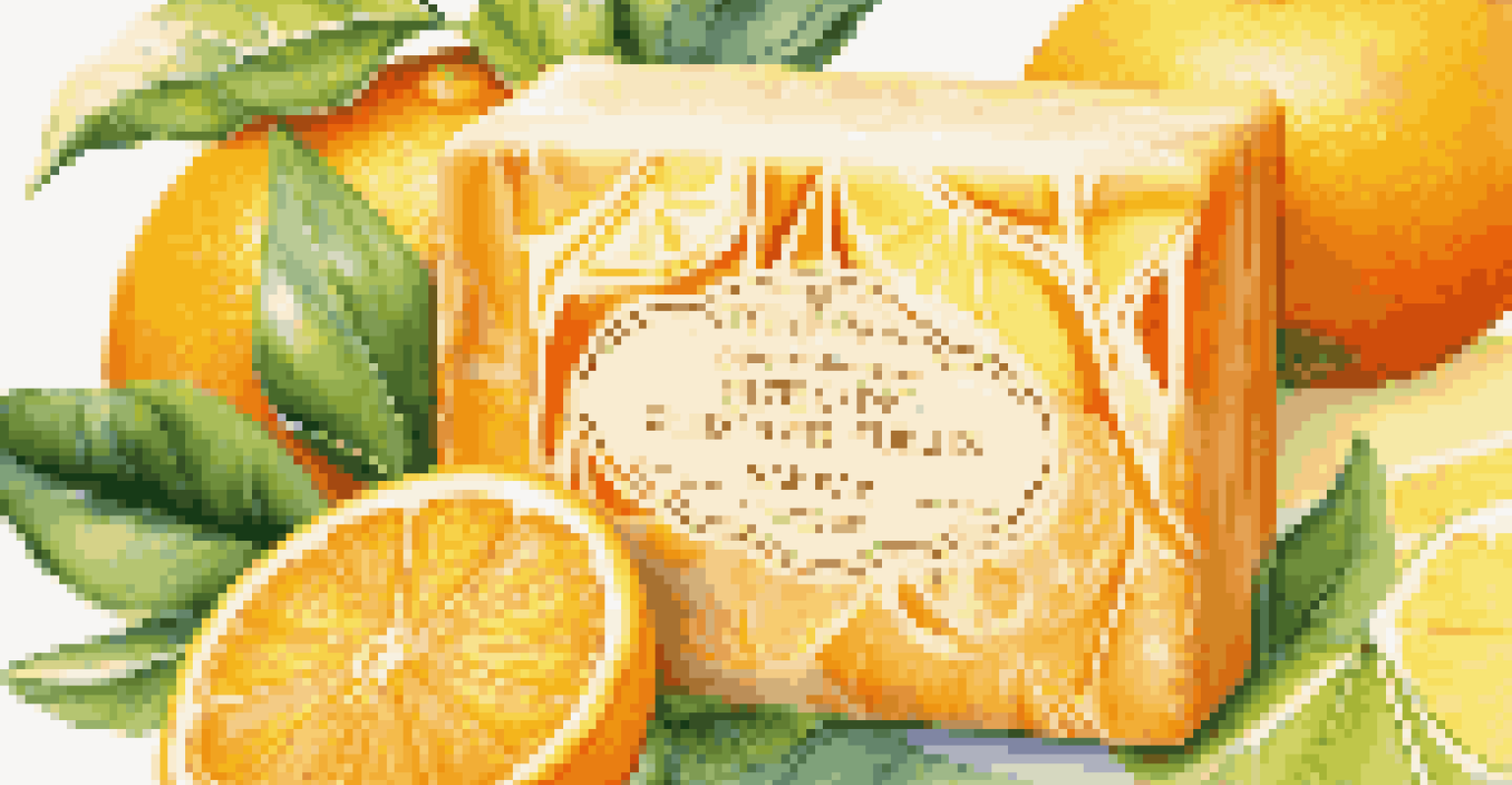 A close-up of a premium soap bar with citrus fruits, surrounded by greenery and illuminated by sunlight.