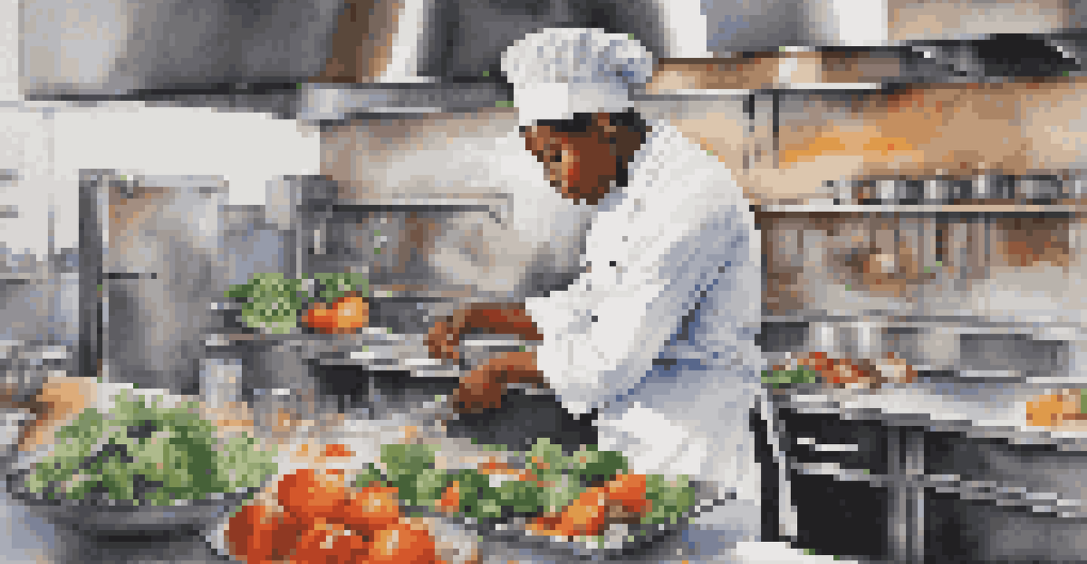 A culinary student chopping vegetables in a busy professional kitchen with stainless steel appliances and colorful ingredients.