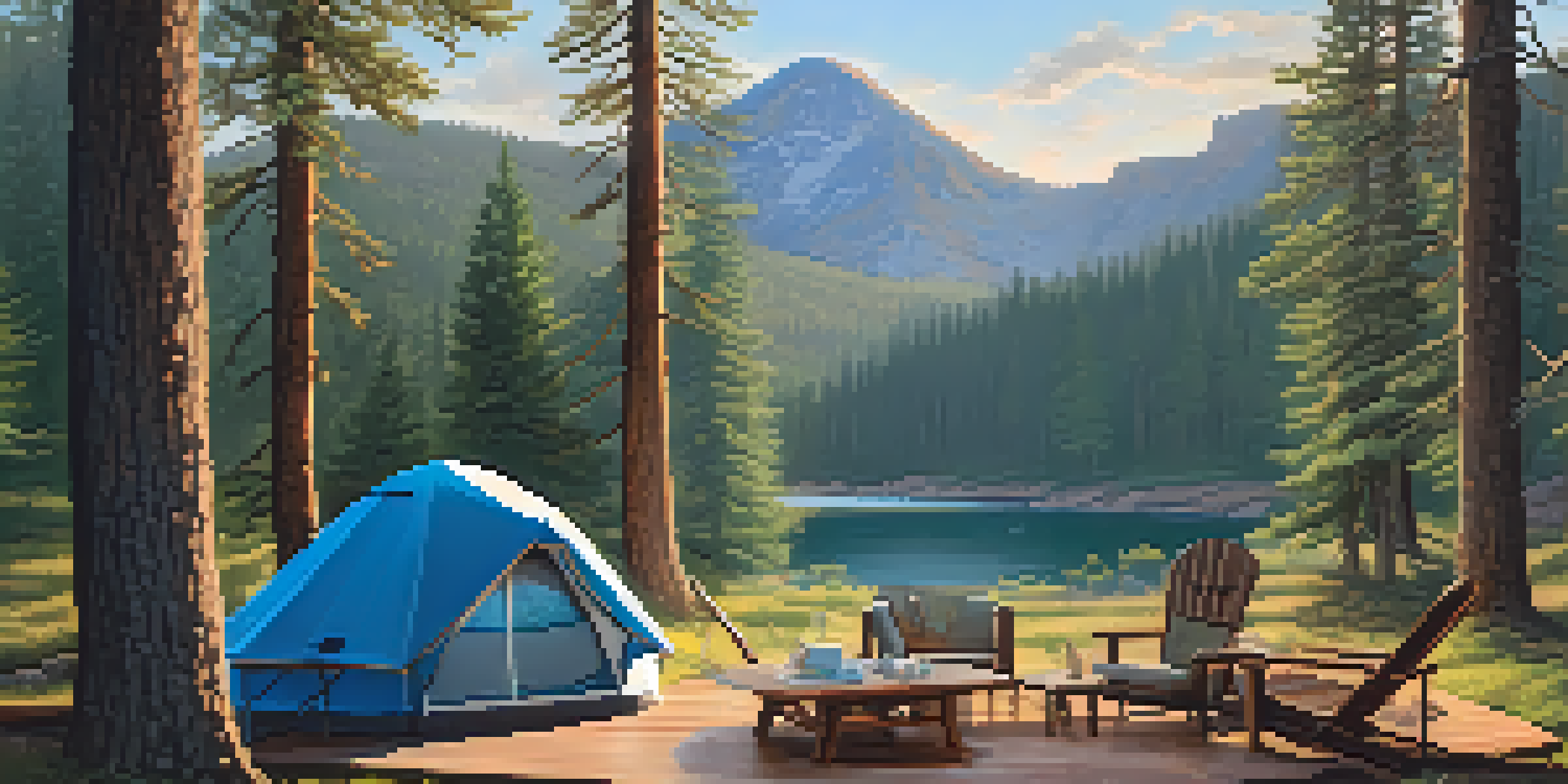 A luxury camping tent surrounded by pine trees with sunlight filtering through branches, showcasing a deck with lounge chairs and a breakfast setup.