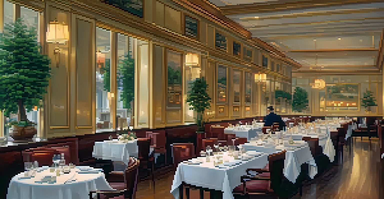 Interior of a luxurious restaurant with elegantly set tables, soft candlelight, and attentive staff, creating a sophisticated dining atmosphere.