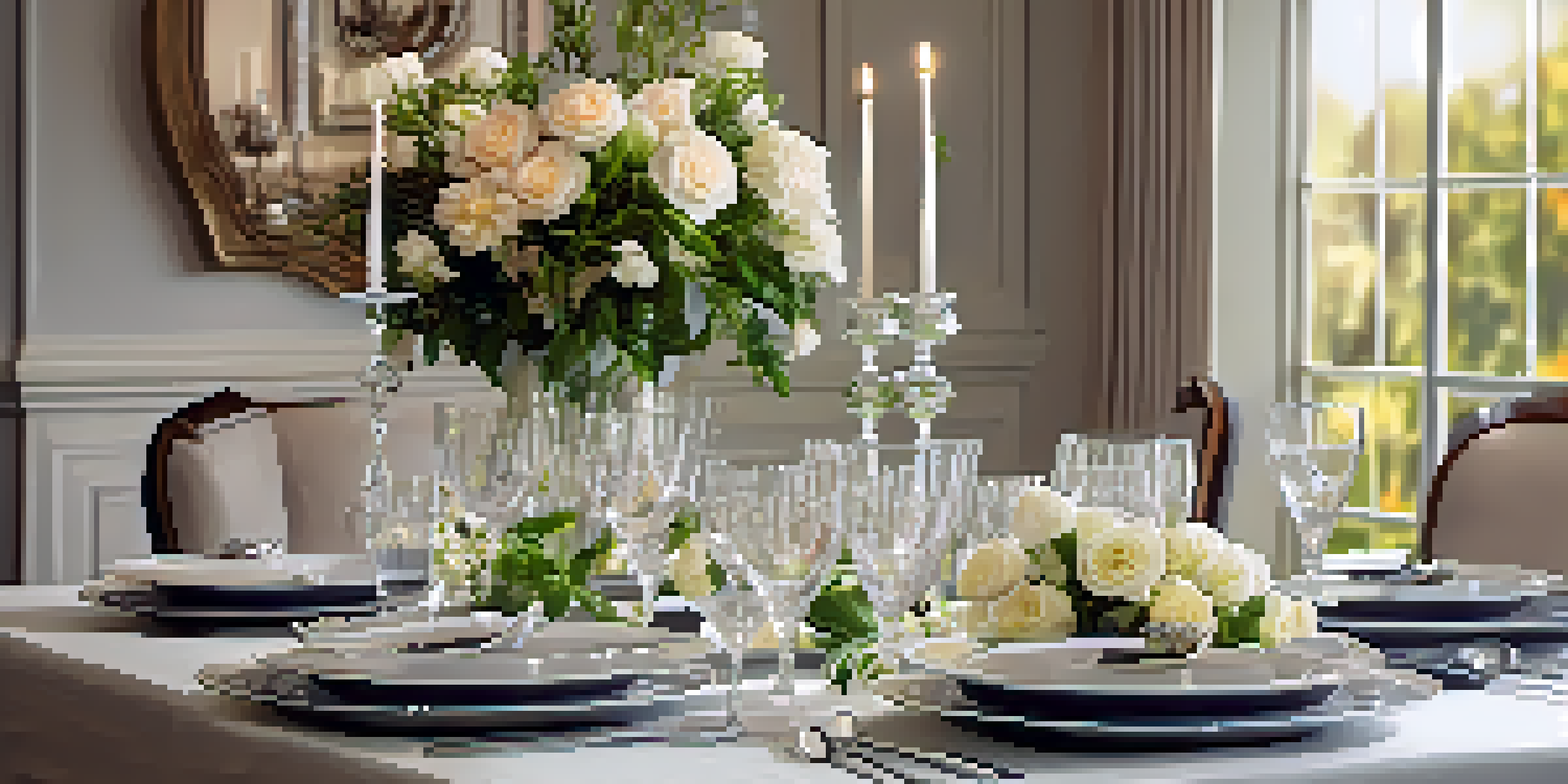 A gourmet dining table elegantly set with fine china, crystal glassware, and decorated with fresh flowers and candles, illuminated softly.