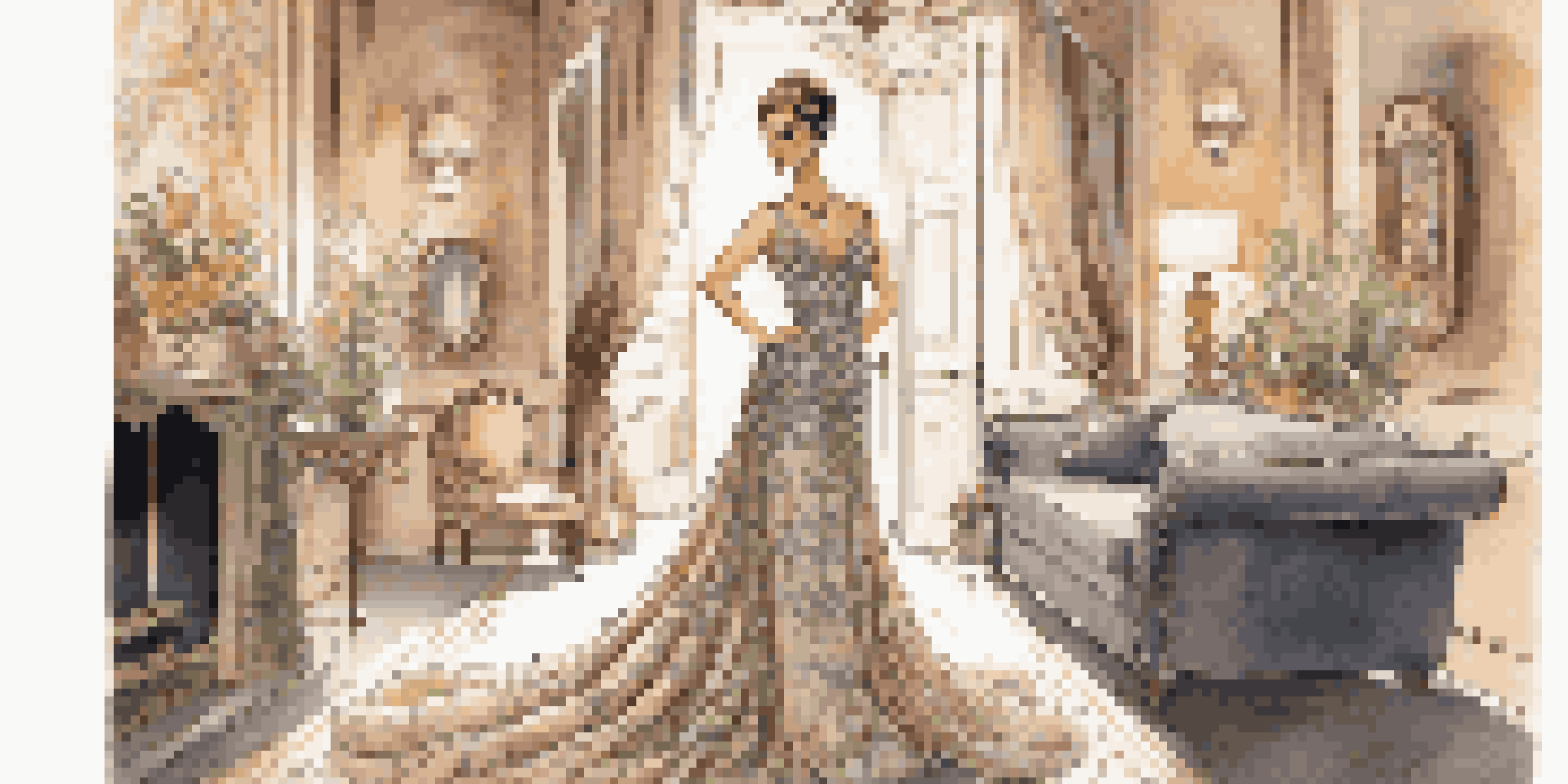 A fashionable woman in a designer gown poses in an elegant room with soft lighting and luxurious decor.