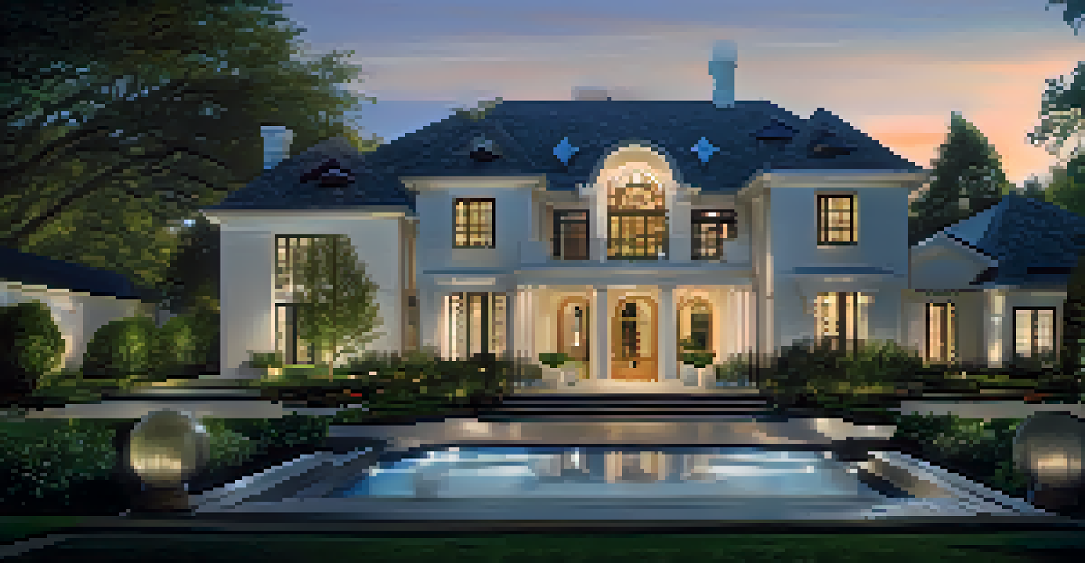 An outdoor view of a luxury home at night with illuminated motion sensors around the perimeter, enhancing security and aesthetics.