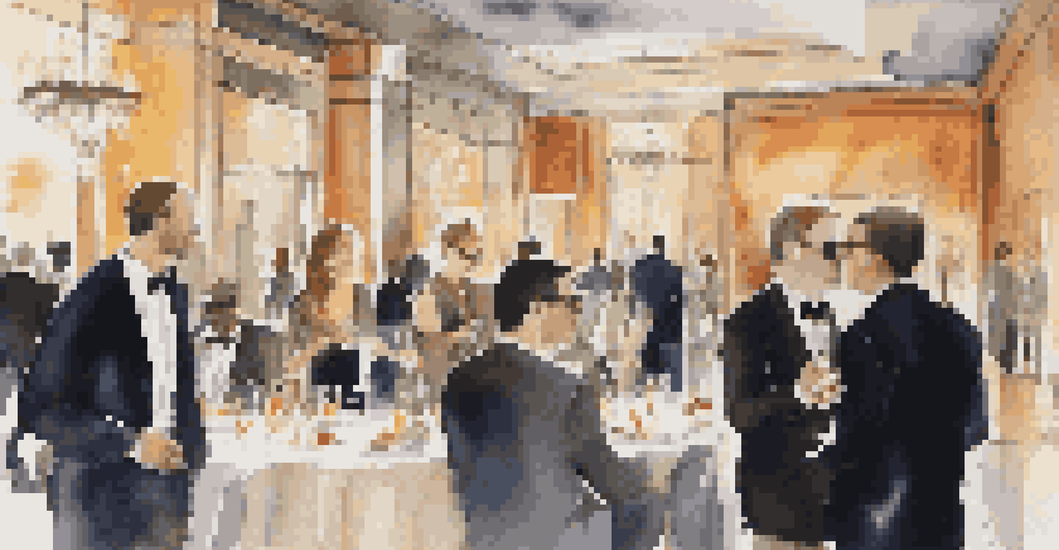 Professionals in elegant attire conversing at a sophisticated networking event, with ambient lighting and gourmet food.