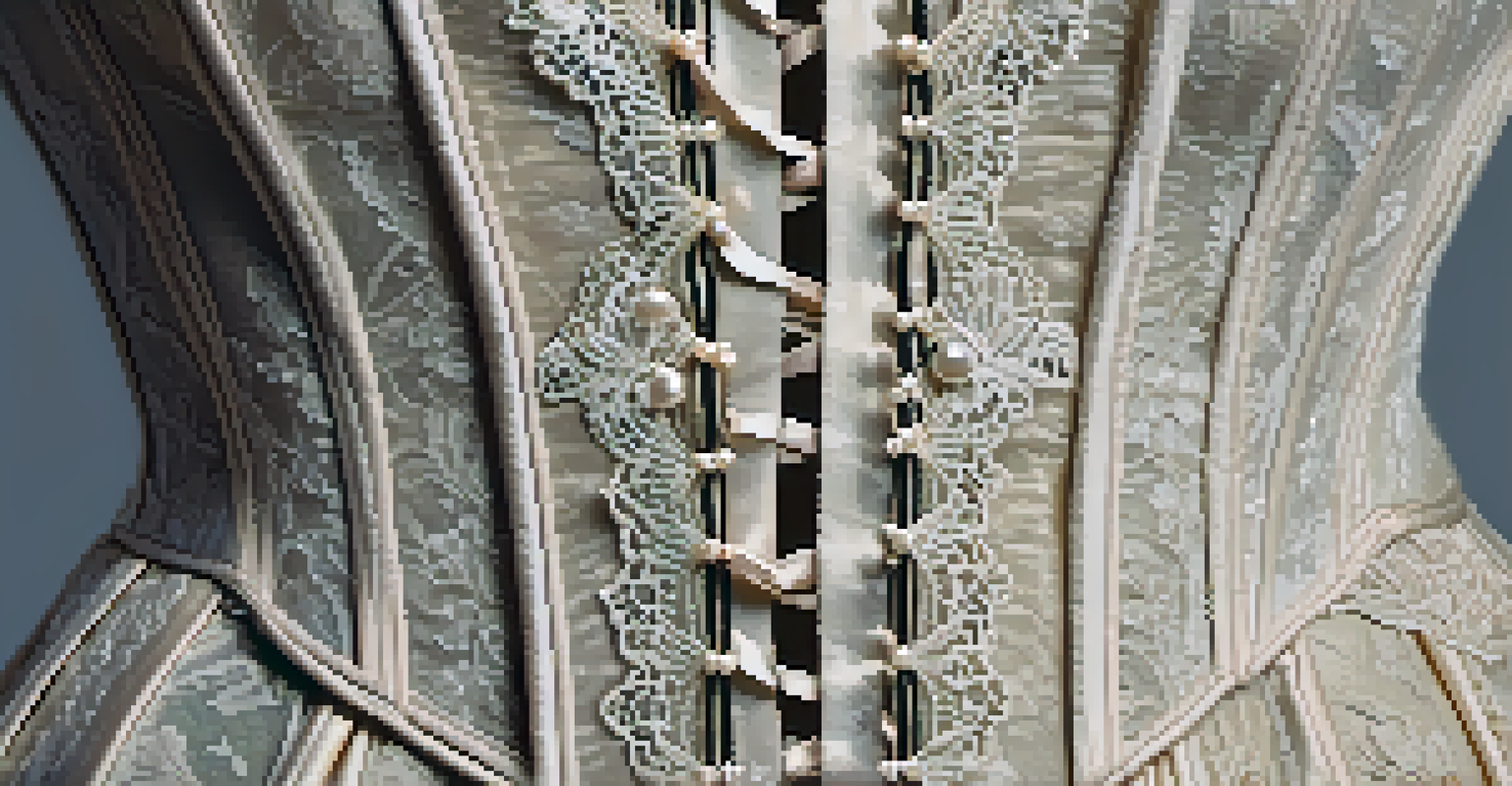 A close-up of a vintage corset with intricate lace and beadwork displayed against soft fabrics.