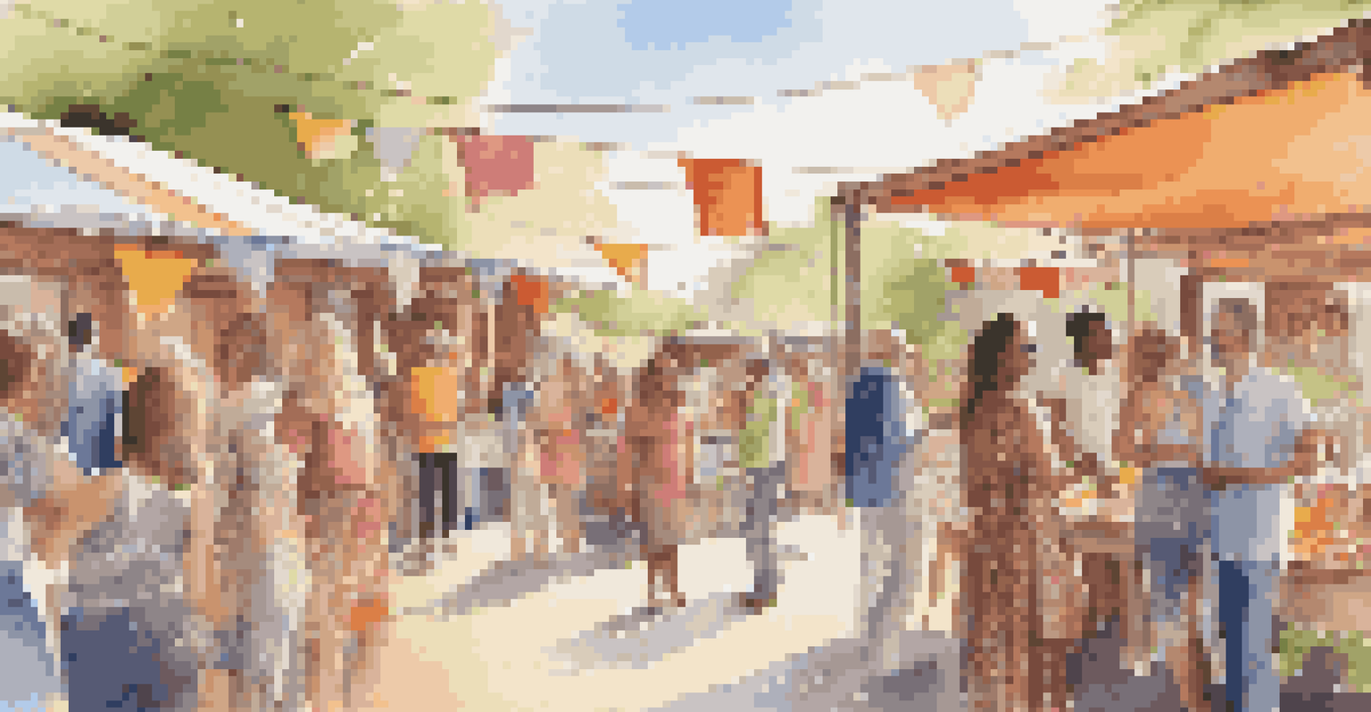 A community fashion event featuring local artisans showcasing their designs, surrounded by colorful banners and an engaging atmosphere.