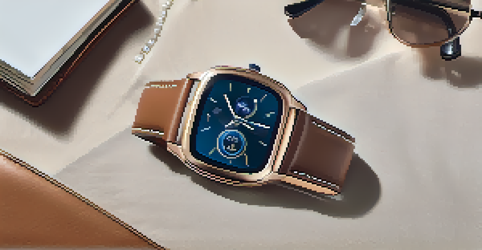 An elegant smartwatch on a soft fabric backdrop, surrounded by a leather wallet and designer phone case, illuminated by gentle overhead lighting.