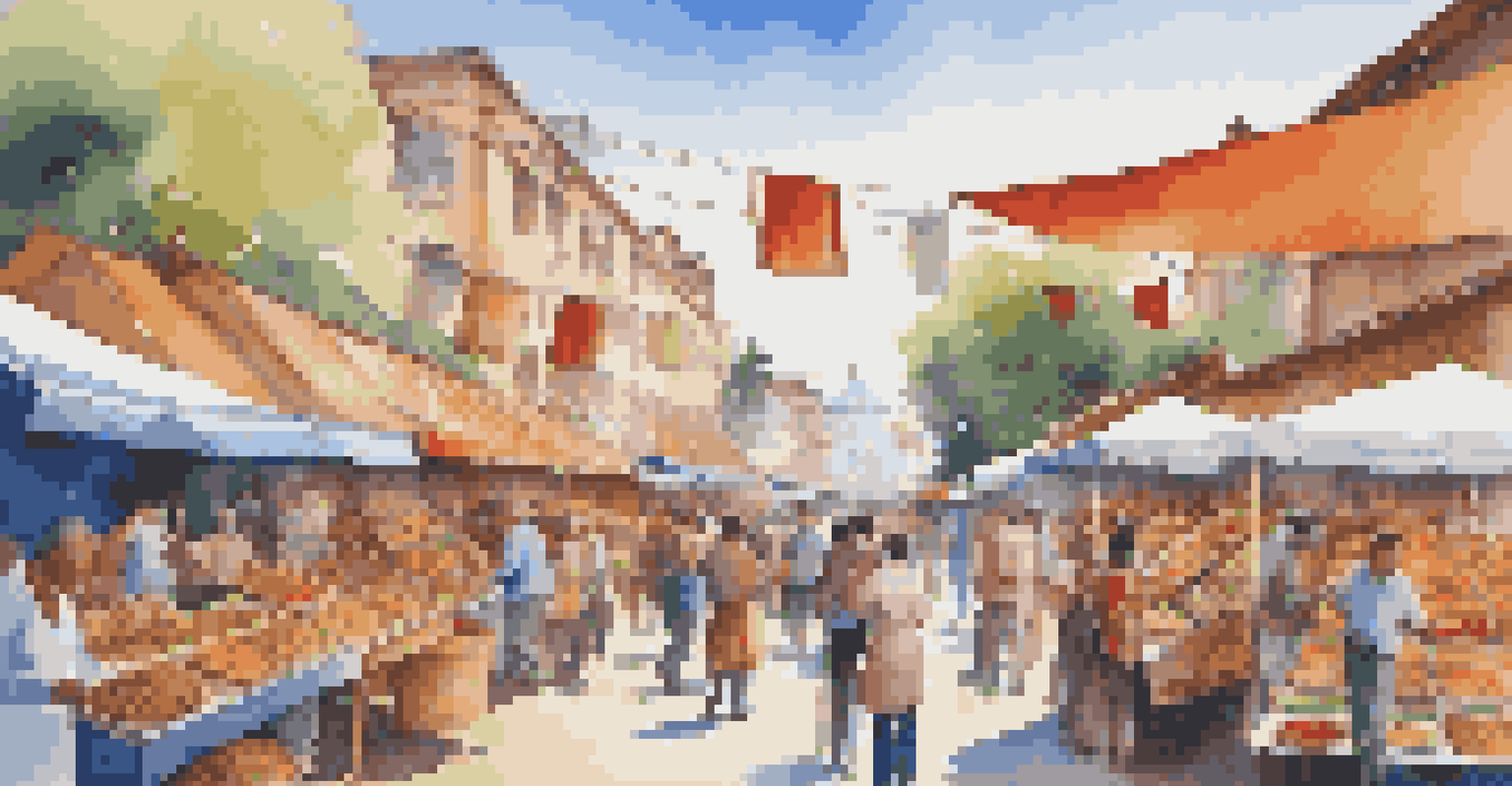 A lively food festival with various stalls offering gourmet food and local delicacies, filled with people enjoying the atmosphere.