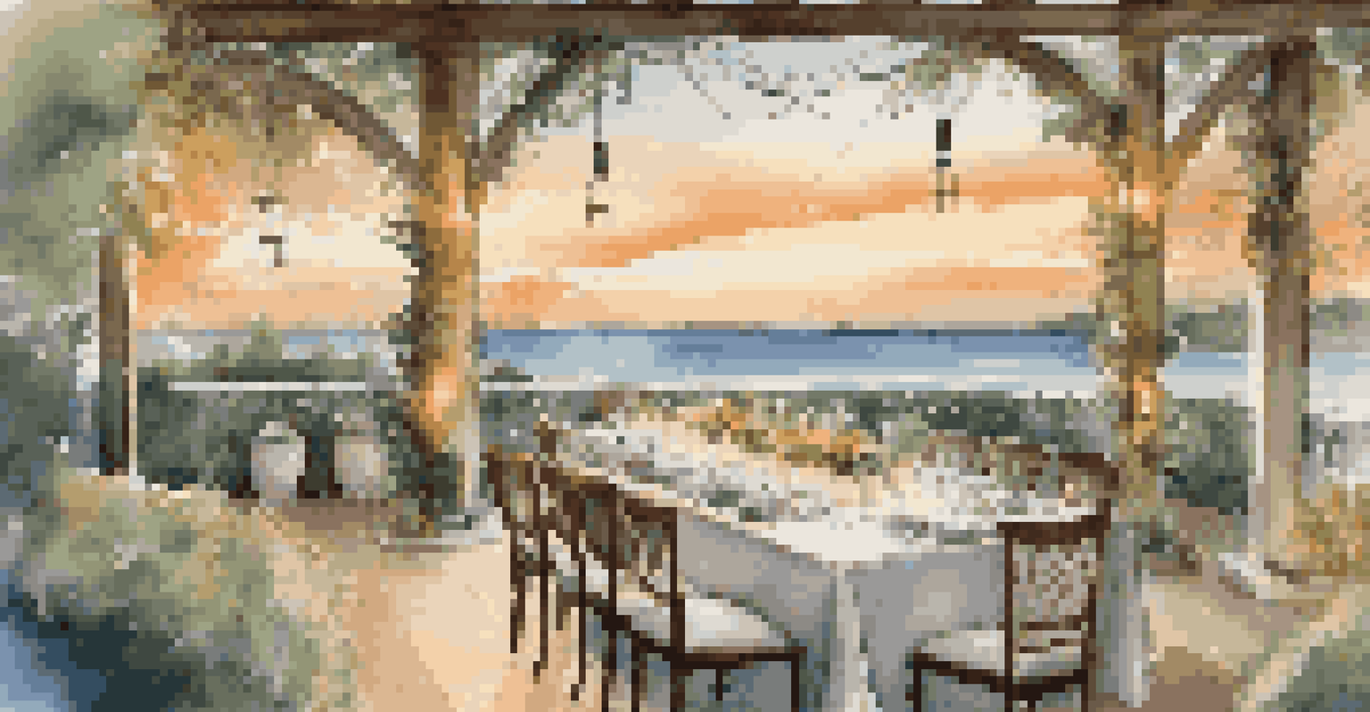 An outdoor dining area with elegant tables and sunset views over the ocean, surrounded by greenery and lights.