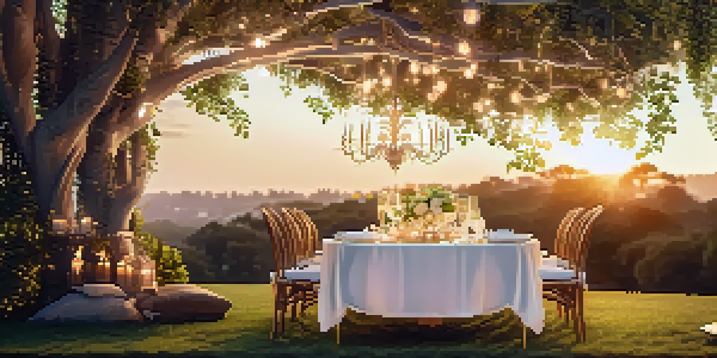 A beautifully set outdoor dining table at sunset, adorned with elegant dinnerware and surrounded by greenery and fairy lights.