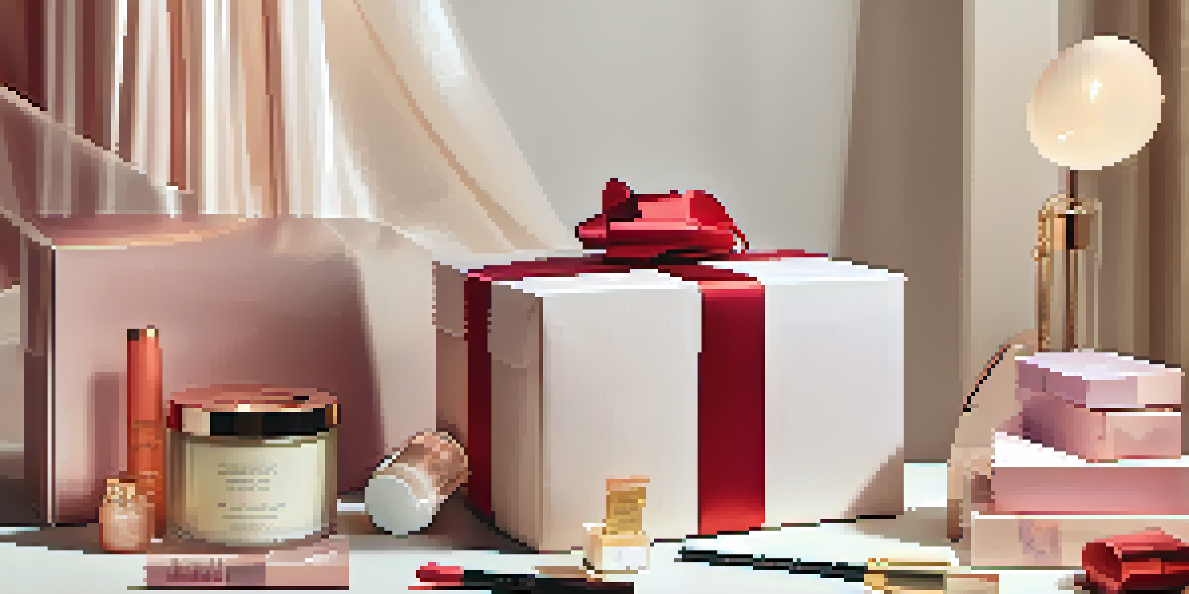 An elegant unboxing scene with a luxury subscription box filled with beauty products in a cozy setting.