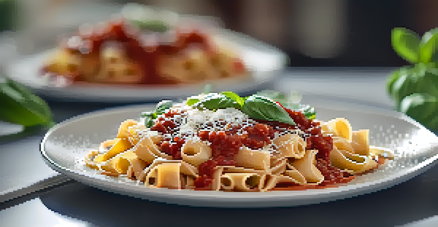 A close-up of a gourmet pasta dish beautifully plated with tomato sauce and basil, set against a blurred background of a stylish kitchen.