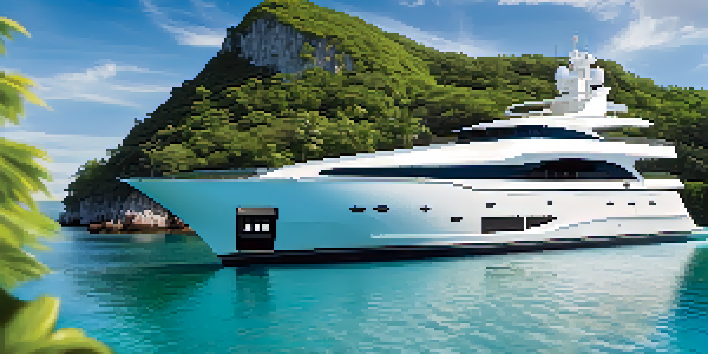 A luxurious motor yacht sailing on clear turquoise waters with green islands in the background and a sunny sky.