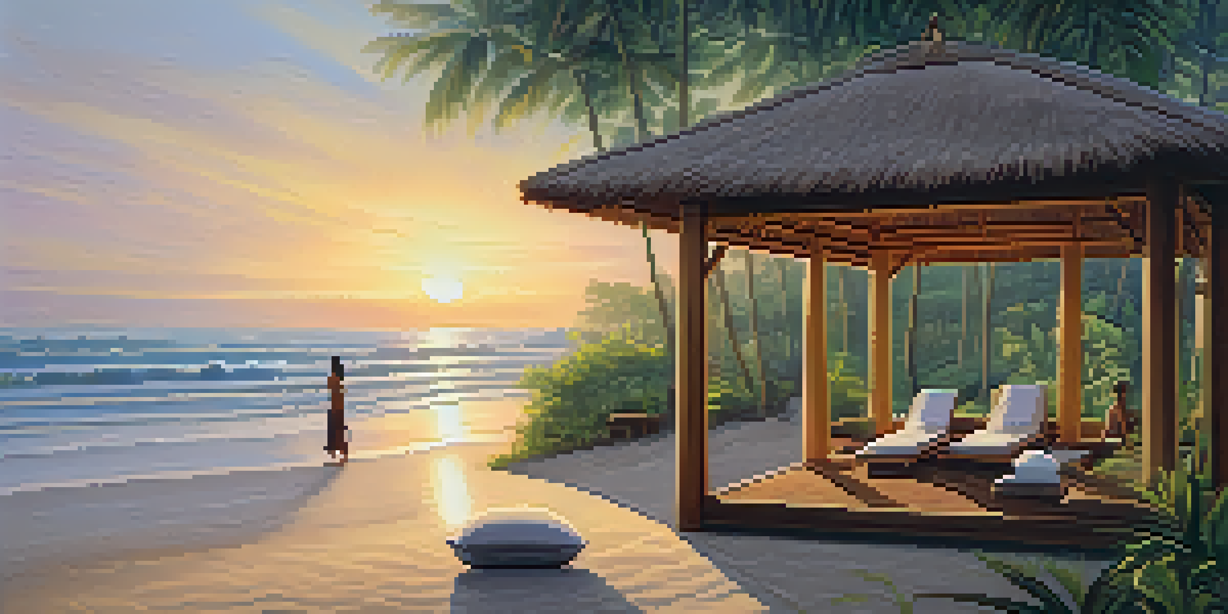A peaceful beach retreat in Bali with yoga practitioners silhouetted against a sunset, surrounded by tropical greenery.