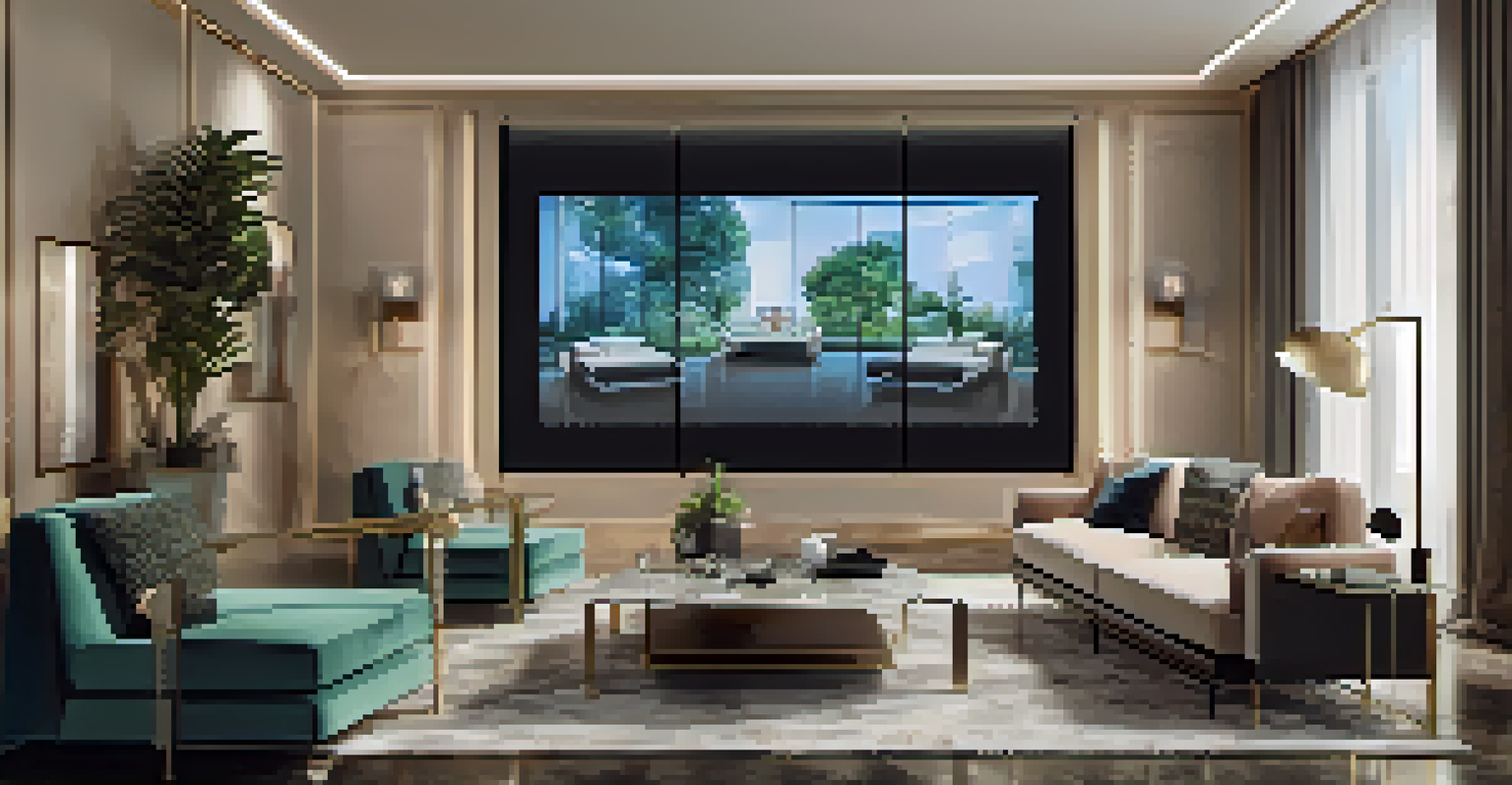 A security guard monitors surveillance screens in a modern luxury living room with elegant furnishings.