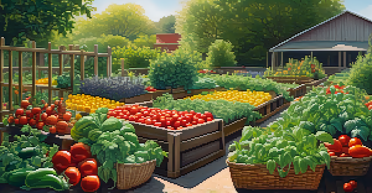 A vibrant edible garden with rows of vegetables and herbs, showcasing ripe tomatoes and fresh basil under bright sunlight.