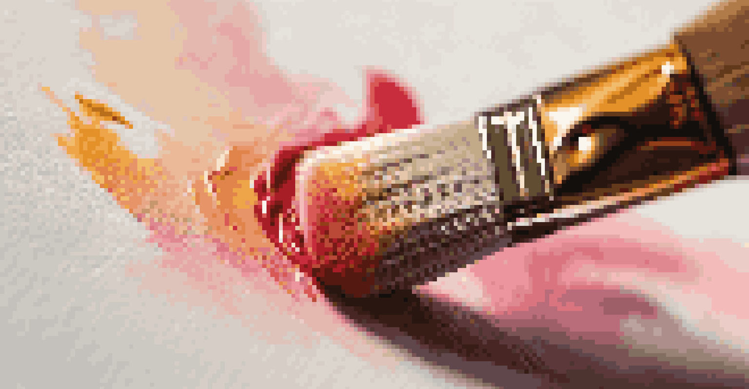 A close-up of a hand holding a professional-grade paintbrush with colorful strokes on a textured canvas.