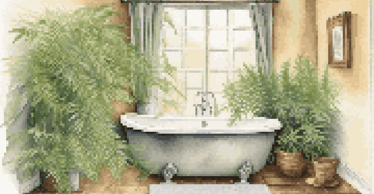 A relaxing shower area with a bamboo plant on a ledge and hanging ferns, surrounded by steam and warm lighting for a spa-like experience.