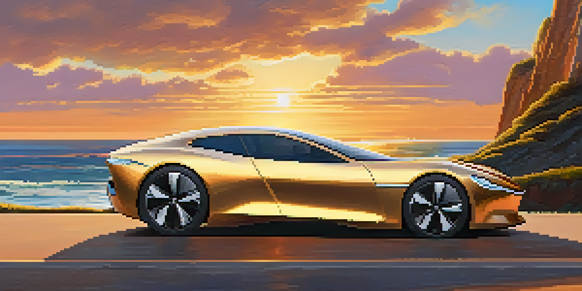 A luxurious electric car on a coastal road at sunset with ocean waves in the background.