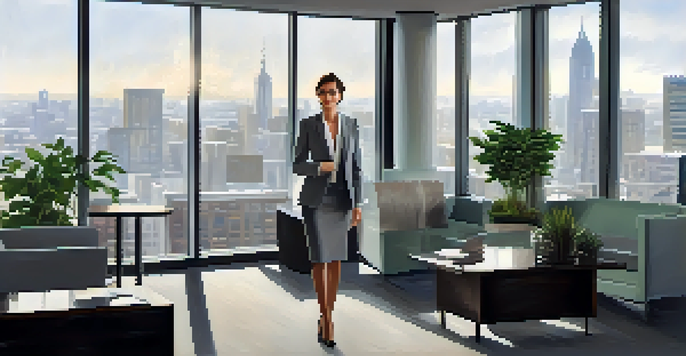 A professional woman in a tailored suit standing confidently in an office with a city skyline view, illuminated by soft morning light.